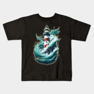 Fantasy Stormy Sea Waves Lighthouse Kids T-Shirt